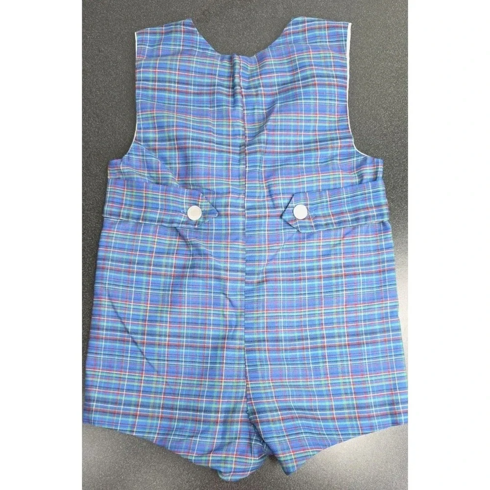 Vintage Baby Boy Blue Green Plaid Romper Shortalls Button‎ Cotton